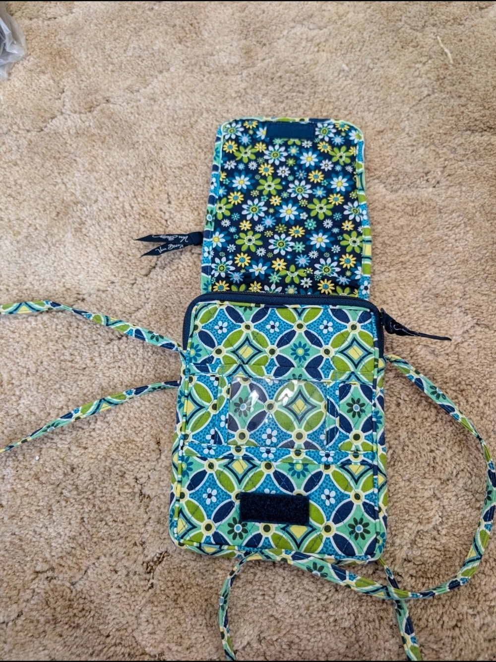 Vera Bradley Quilted Cotton Crossbody Wallet Bag Blue Green Floral - Picture 2 of 5